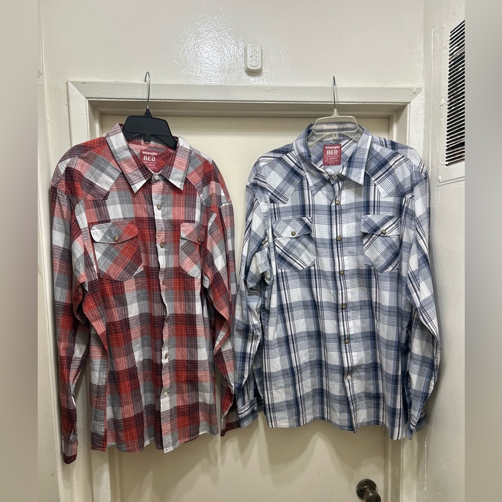Wrangler Red Western Pearl Snap Bundle Plaid Shirts Mens Size XL Lot Red Blue